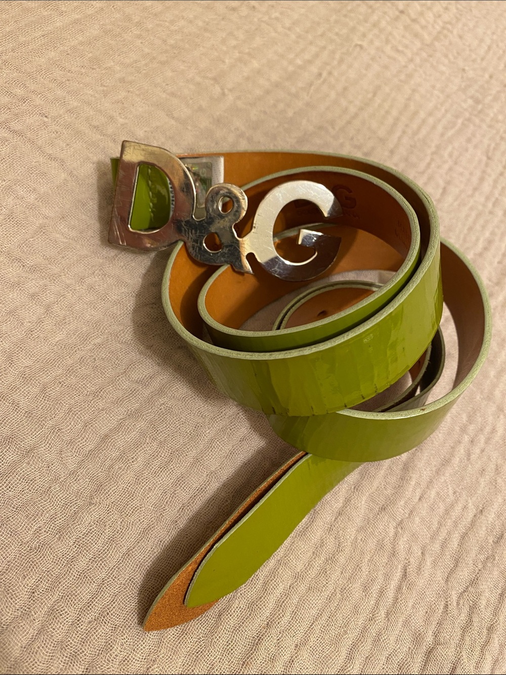 DOLCE & GABBANA D&G Lime Green Leather Belt with Silver Logo Buckle. Size 85